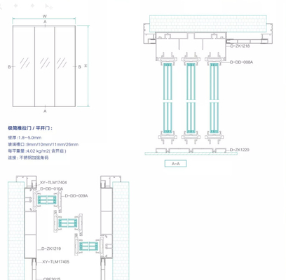 Slanted Edge Three Track Single Glass Aluminum Sliding Doors Triple Linkage