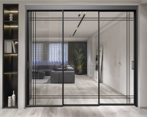 Slanted Edge Three Track Single Glass Aluminum Sliding Doors Triple Linkage
